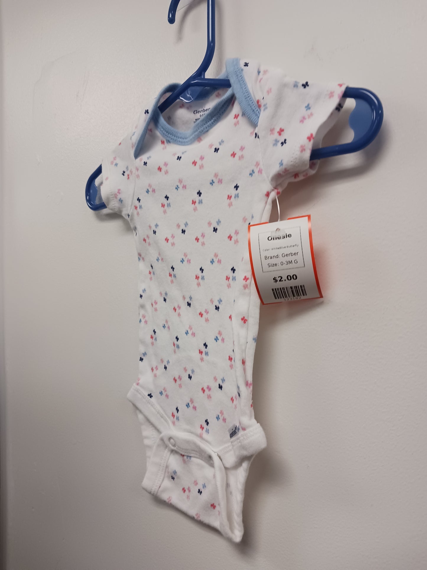 White/Blue Butterfly Gerber Onesie, 0-3M G