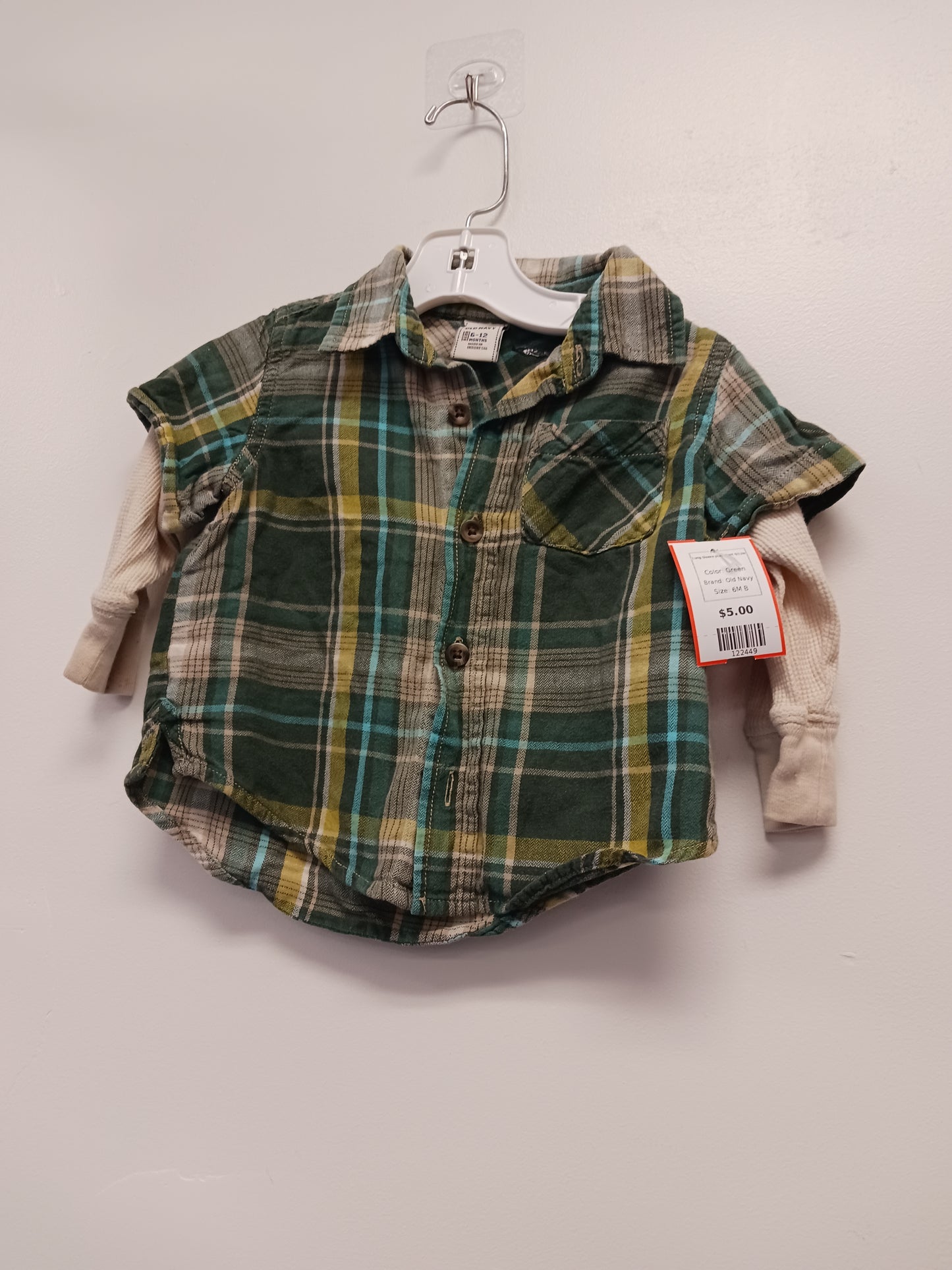 Green Old Navy Long Sleeve plaid Shirt 6/12m, 6M B