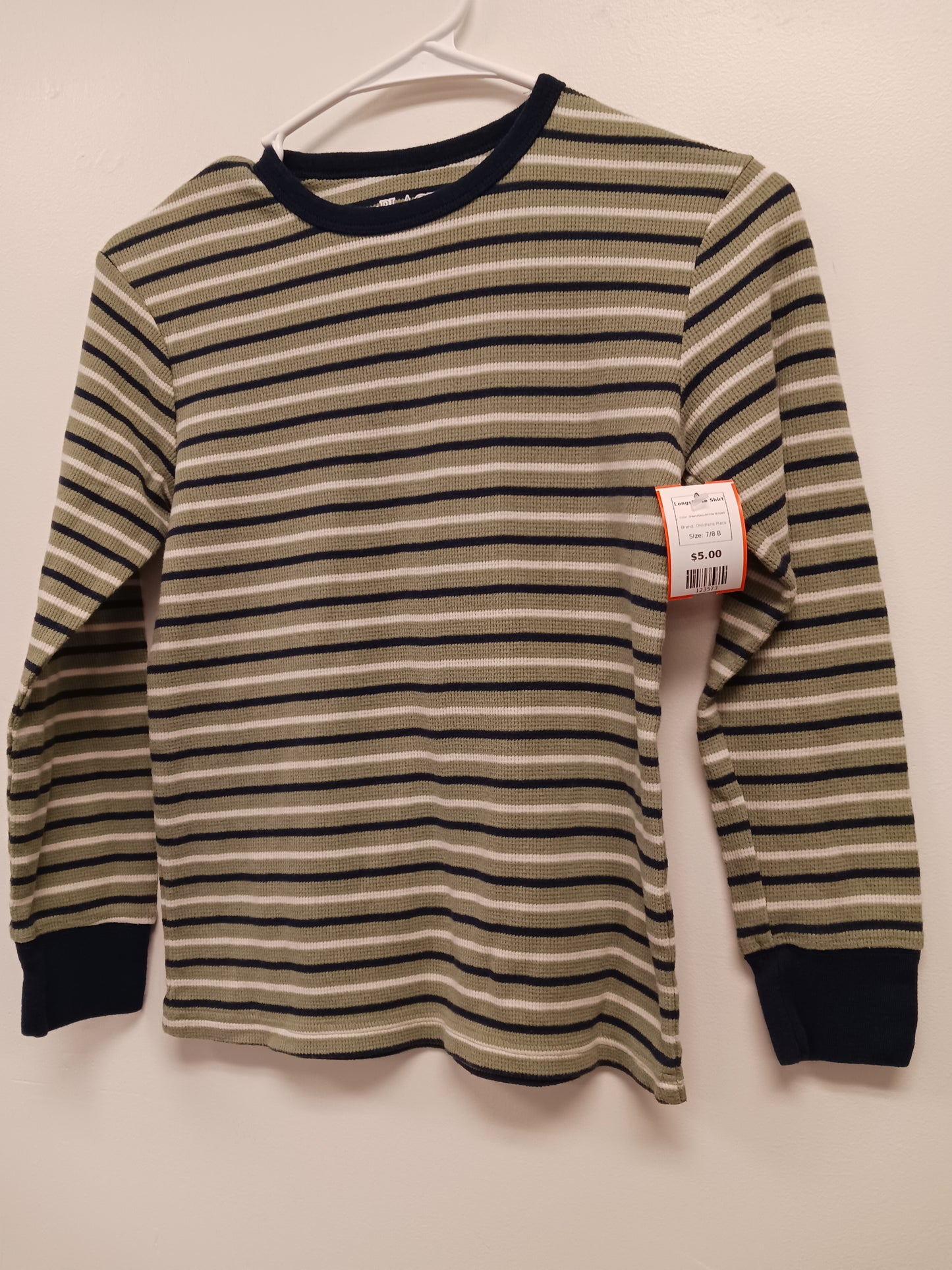 Green/Navy/White Striped Childrens Place Longsleeve Shirt, 7/8 B