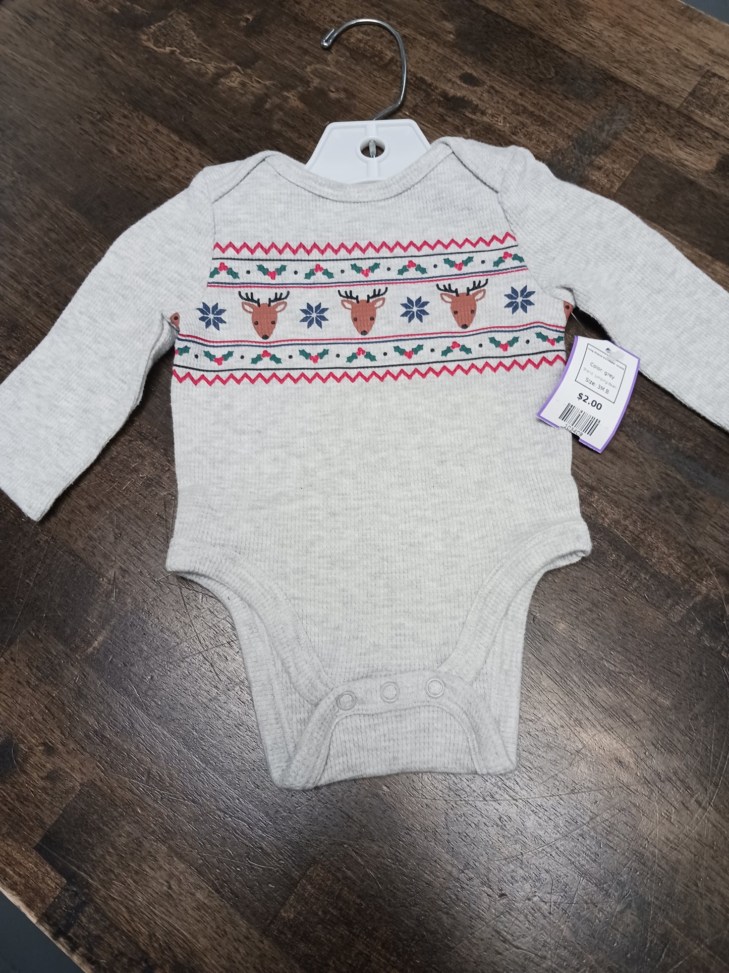 grey Jumping Bean Long Sleeve Raindeeer Onesie, 3M B