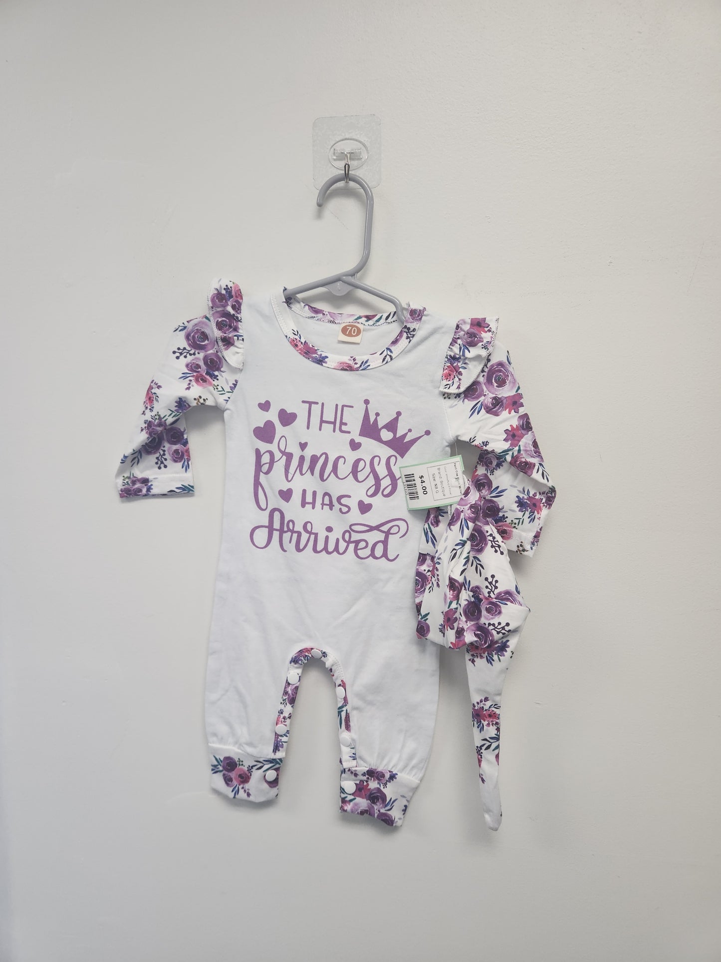 White/Purple Flower Boutique Pant One Piece W/Hat, NB G