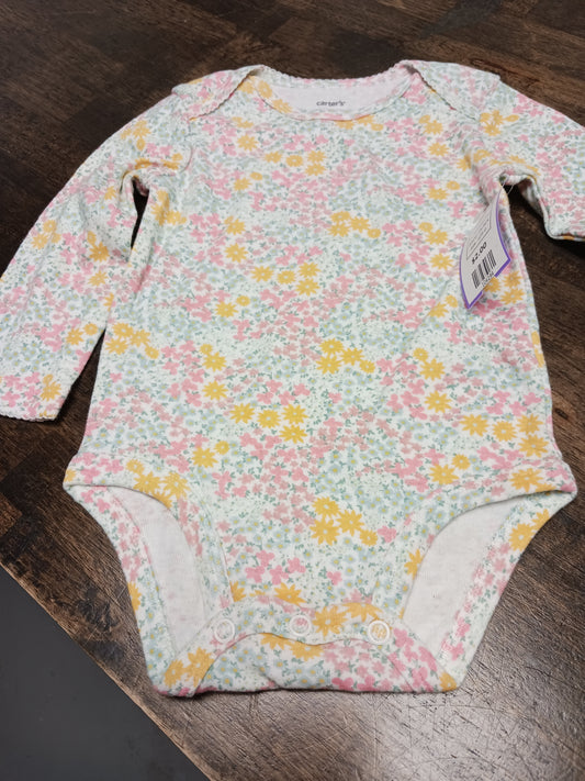White/Pink/Yellow Flower Carters Longsleeve Onesie, 12M G