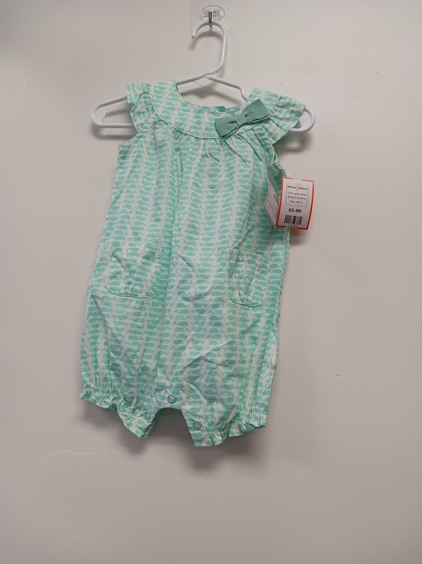 green/white Carters Whale Romper, 6M G