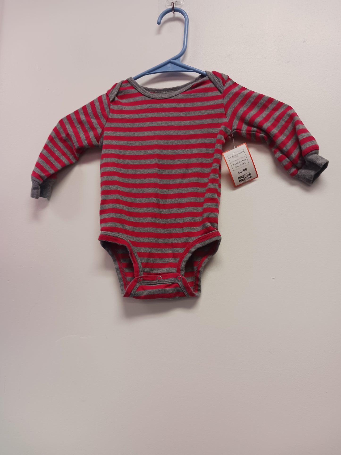 Red/Grey Striped Carters Longsleeve Onesie, 12M B