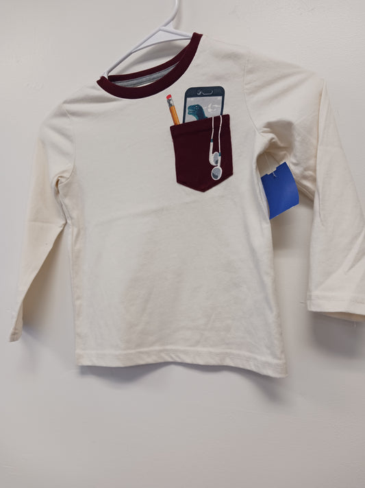 white/Burgandy 365 kids Long Sleeve Pocket Shirt w/dinosaur, 4T B