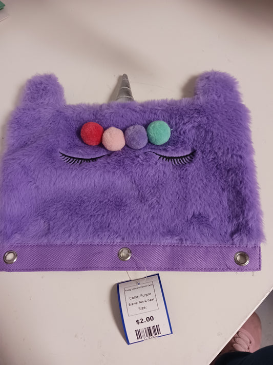 Purple Pen & Gear Fuzzy Unicorn Pencil Case