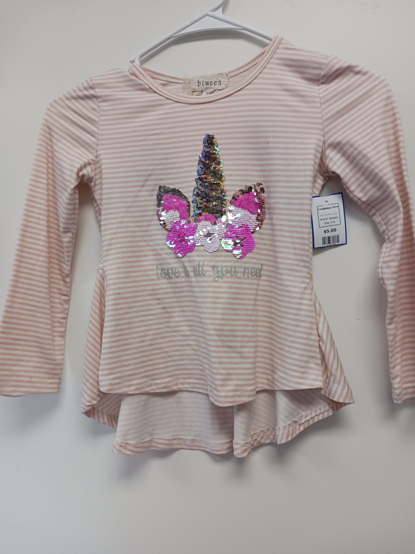 Pink/White Unicorn Btween Longsleeve Shirt, 6 G