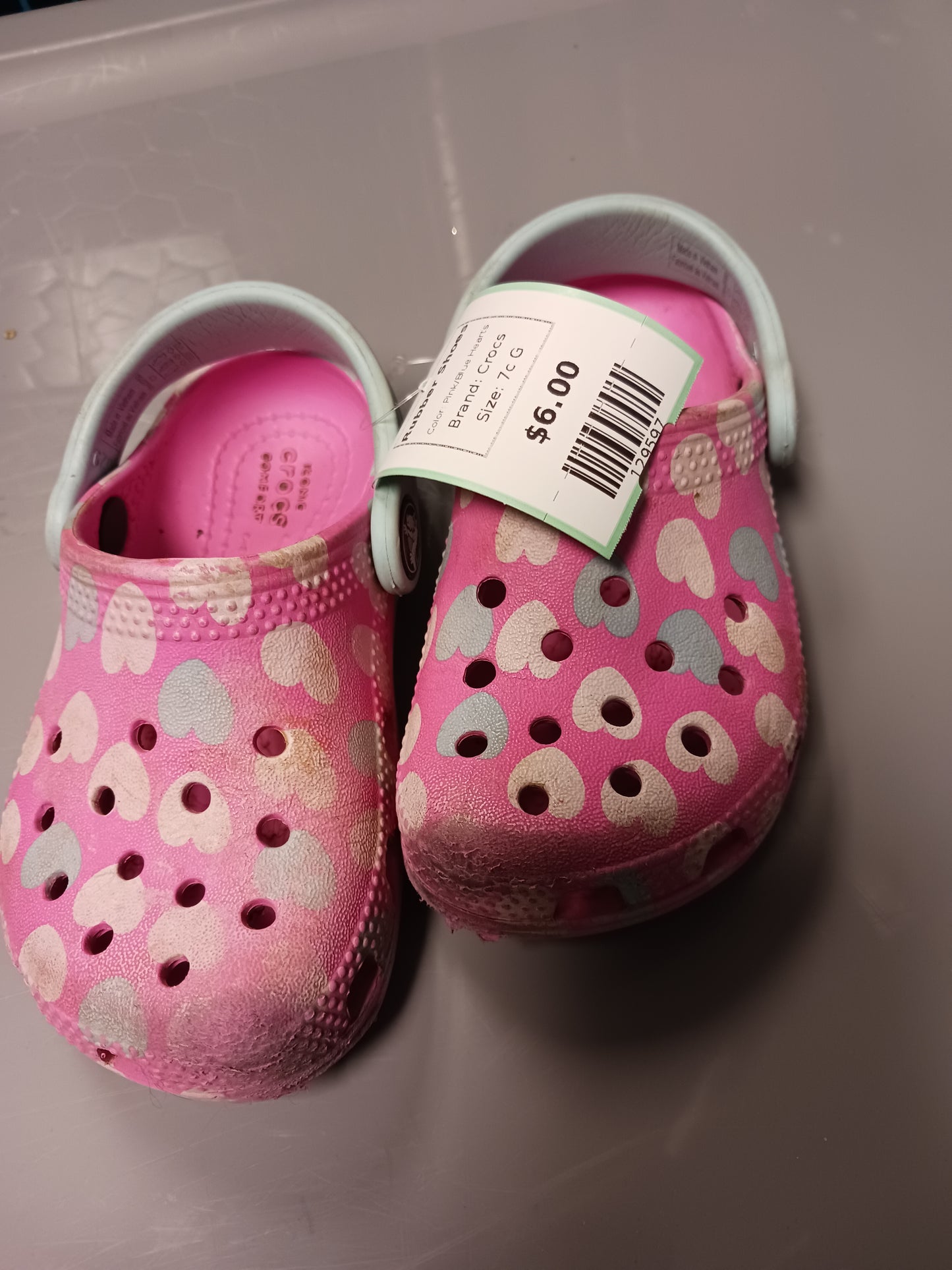 Pink/Blue Hearts Crocs Rubber Shoes, 7c G