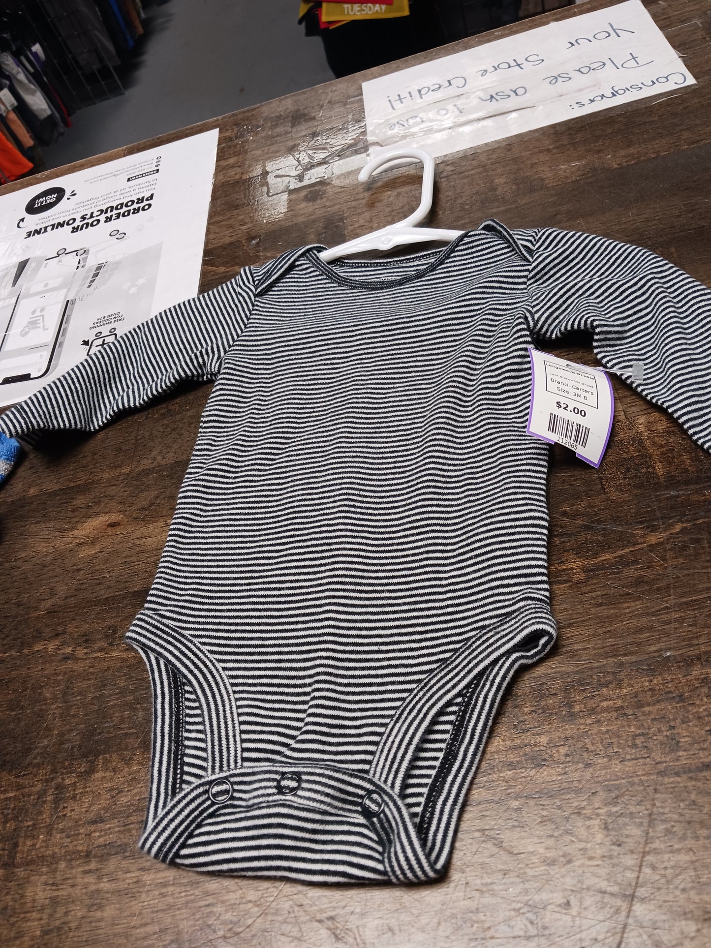 Black/White Striped Carters Longsleeve Onesie, 3M B