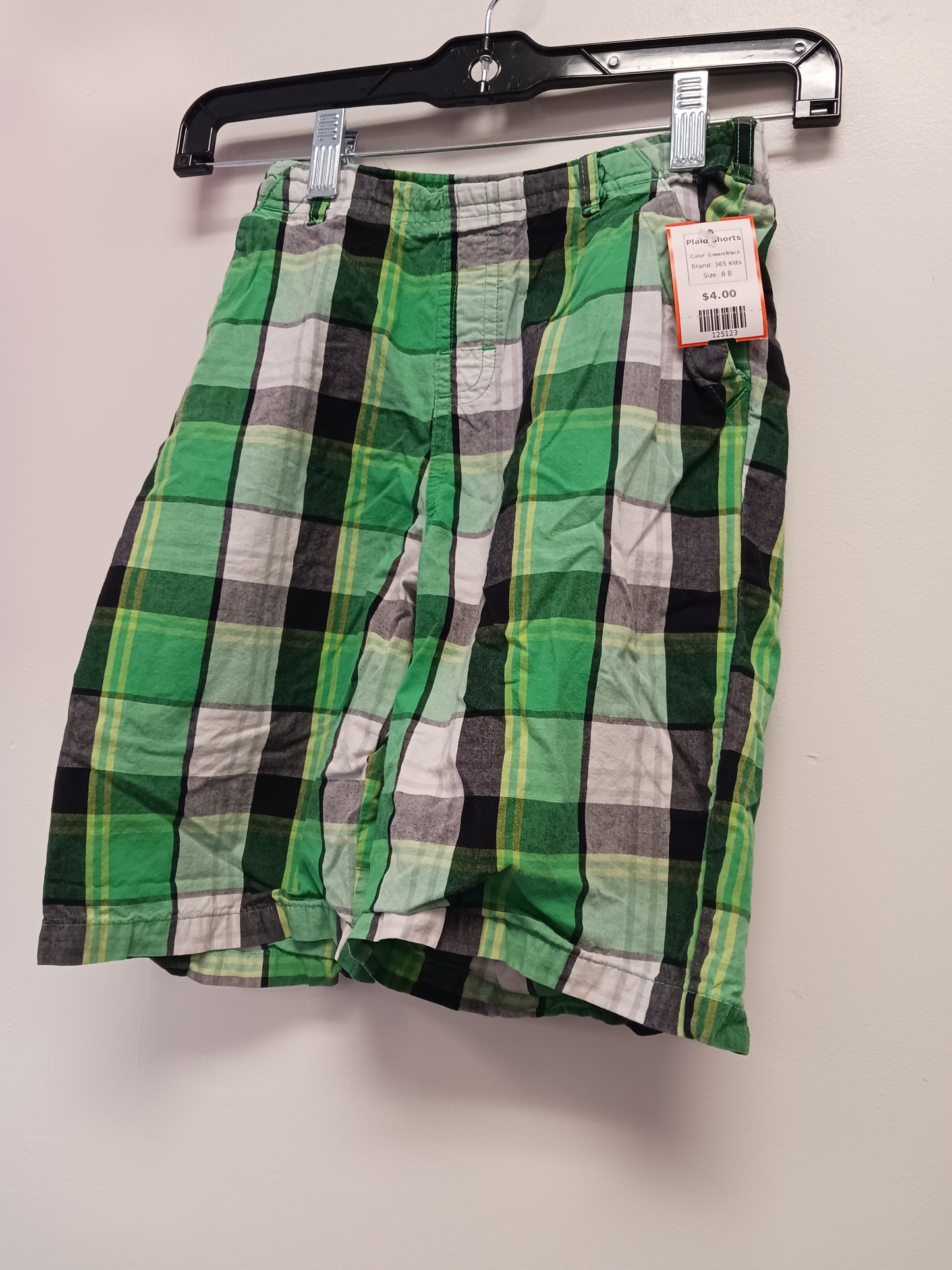 Green/Black 365 kids Plaid Shorts, 8 B