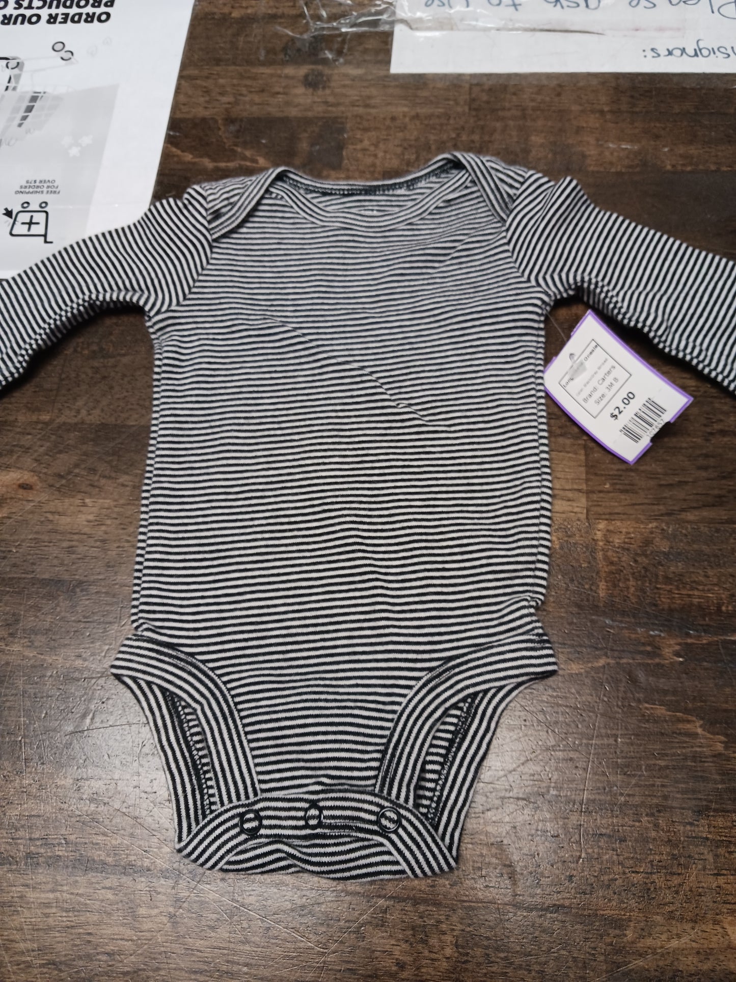 Black/Grey Striped Carters Longsleeve Onesie, 3M B