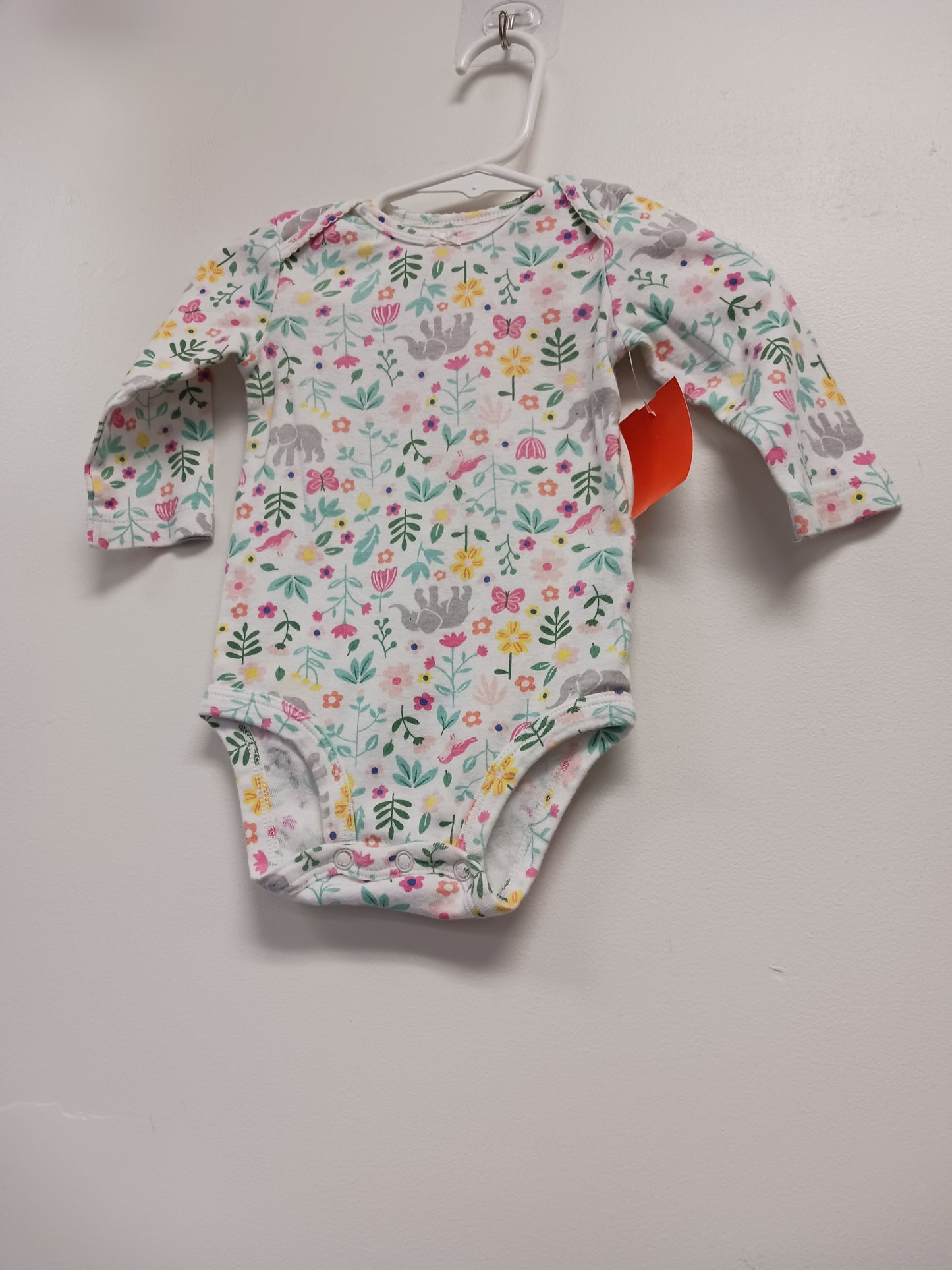 White/Colorful Flowers/Elephants Carters Longsleeve Onesie, 6M G