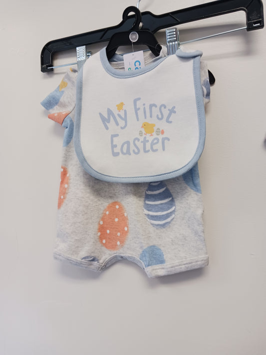 Grey/My First Easter Carters Short One Piece W/Bib, NB B
