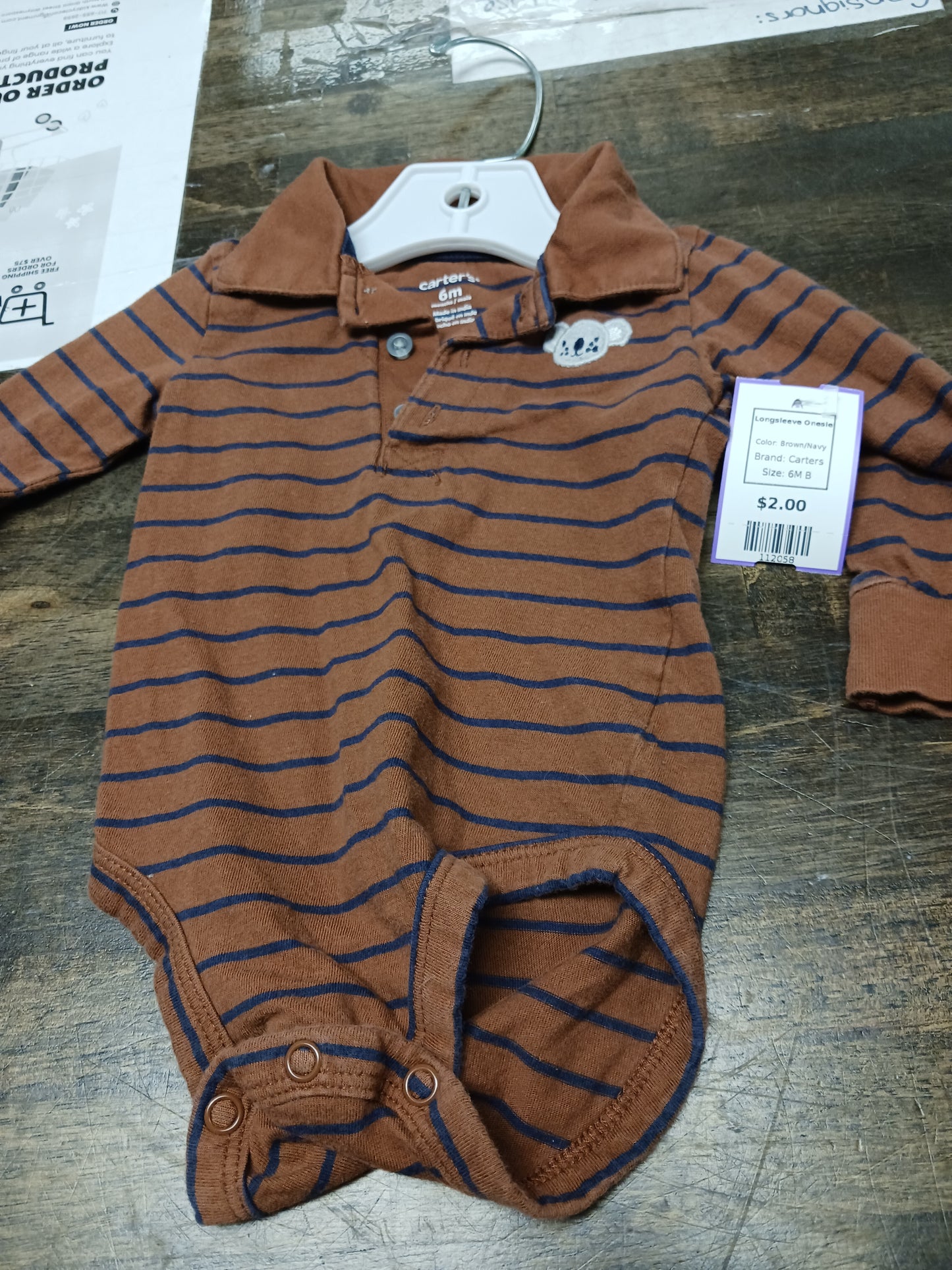 Brown/Navy Carters Longsleeve Onesie, 6M B