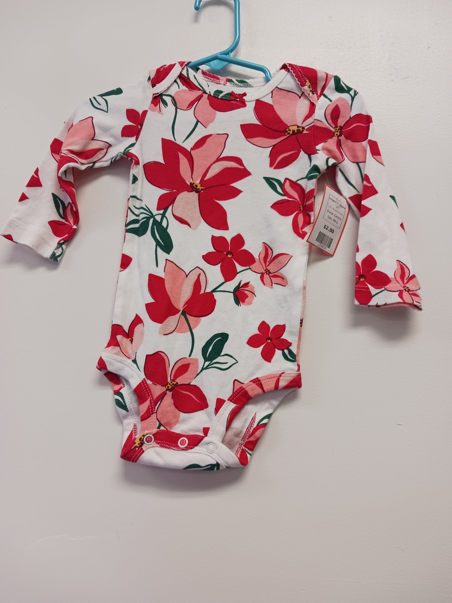 White/Red Flower Carters Longsleeve Onesie, 9M G