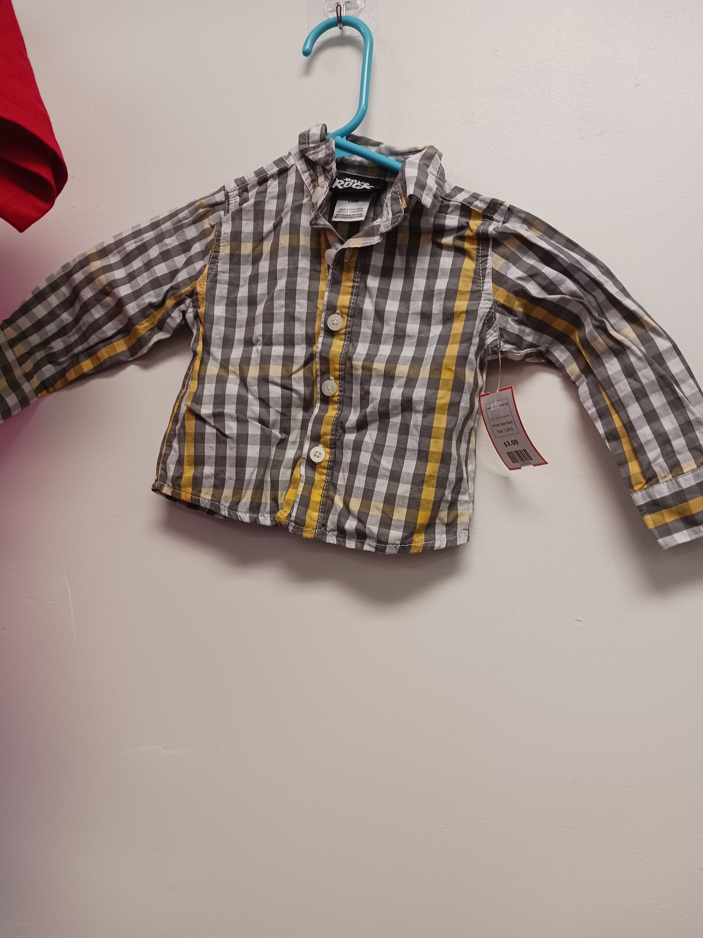 Grey/Yellow/White Boys Rock Longsleeve Button Up, 12M B