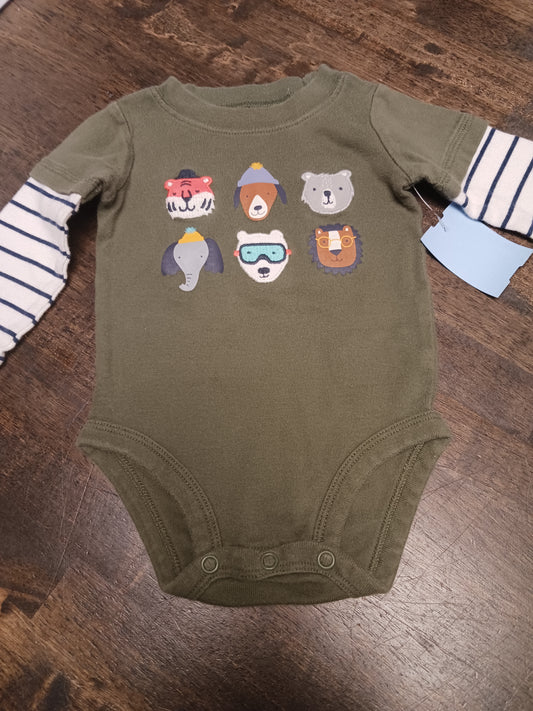 Green/White Animal Carters Longsleeve Onesie, 6M B