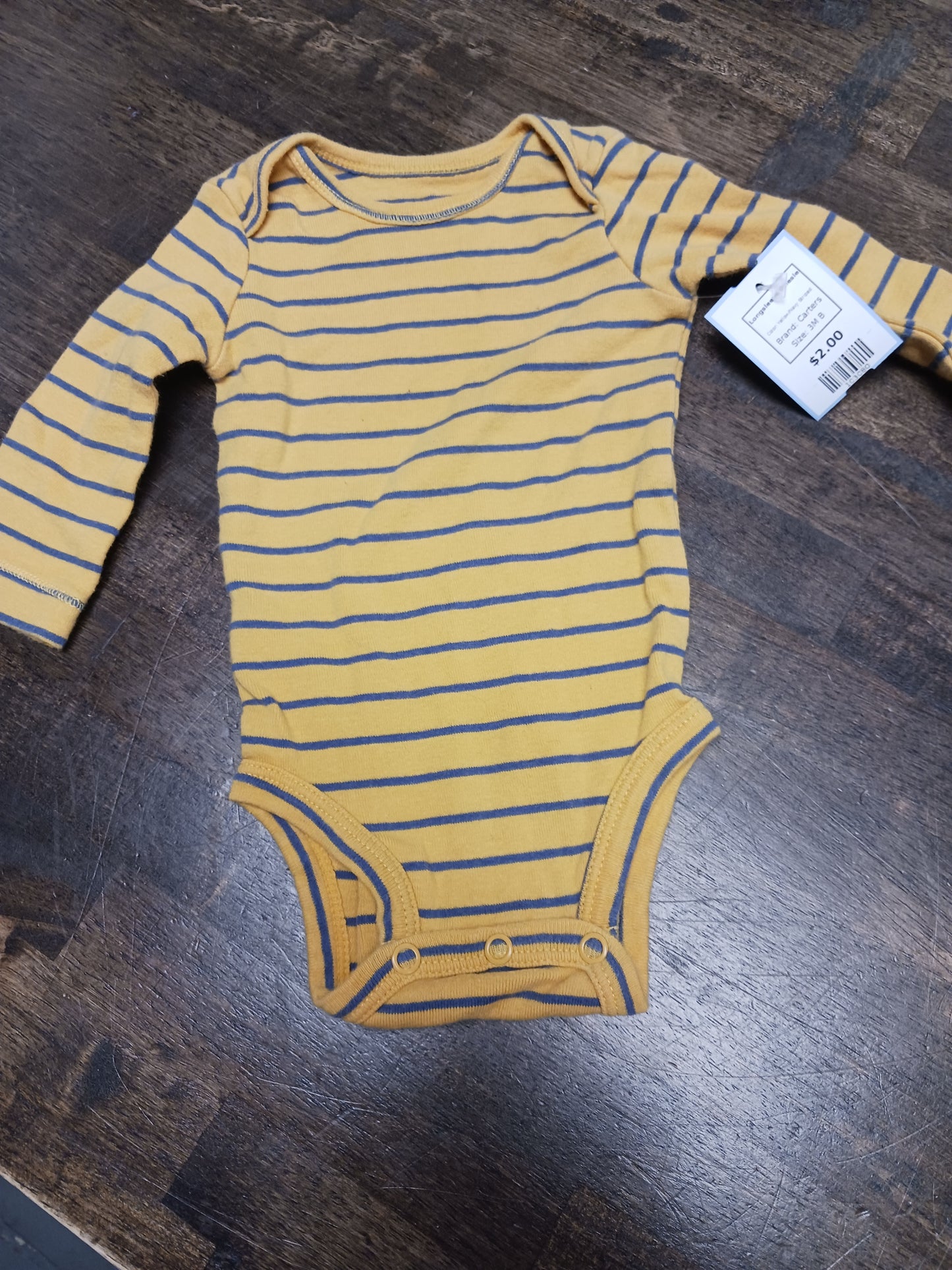 Yellow/Navy Striped Carters Longsleeve Onesie, 3M B