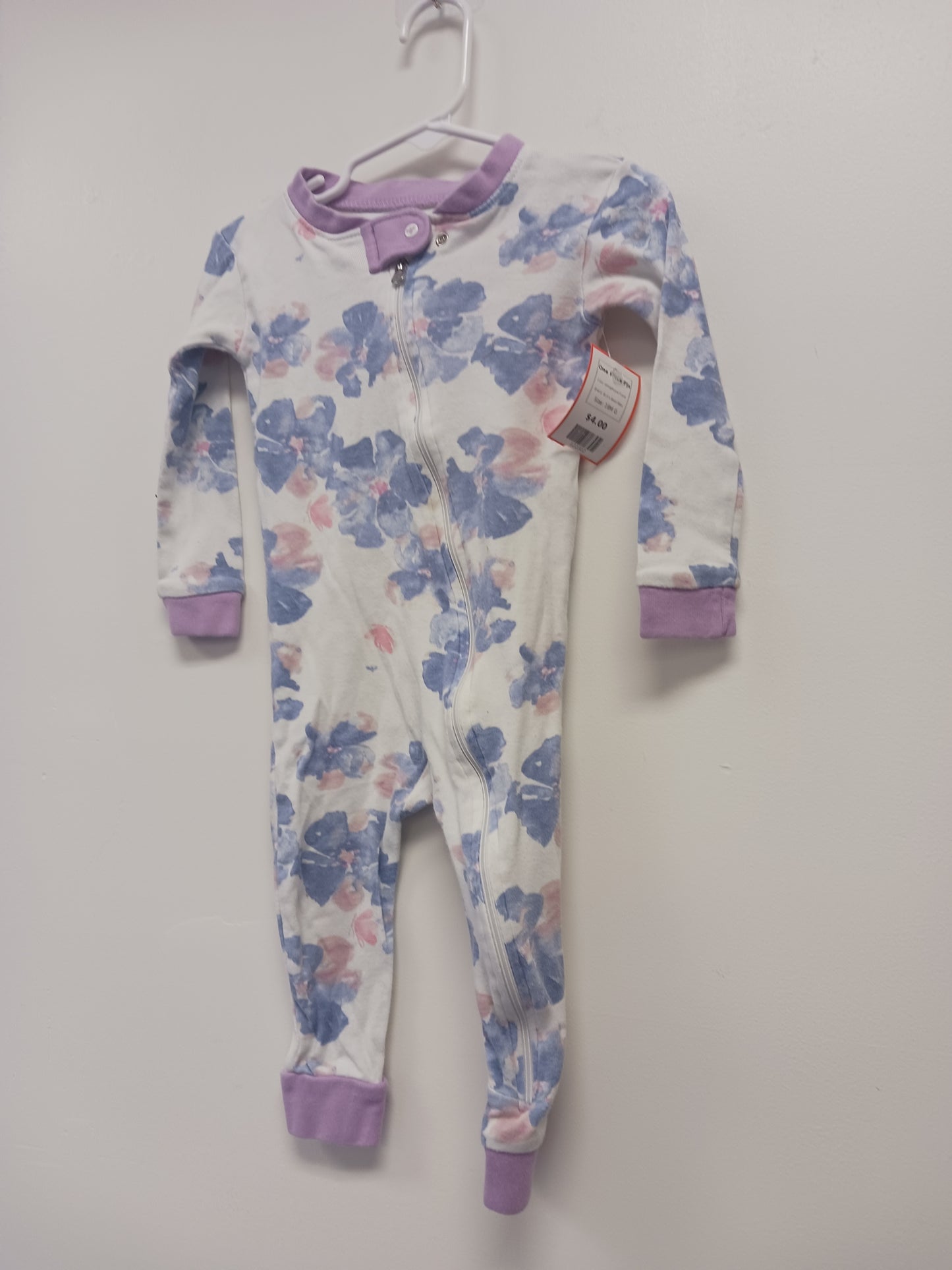 White/Purple Flower Burt's Bees Baby One Piece Pjs, 18M G