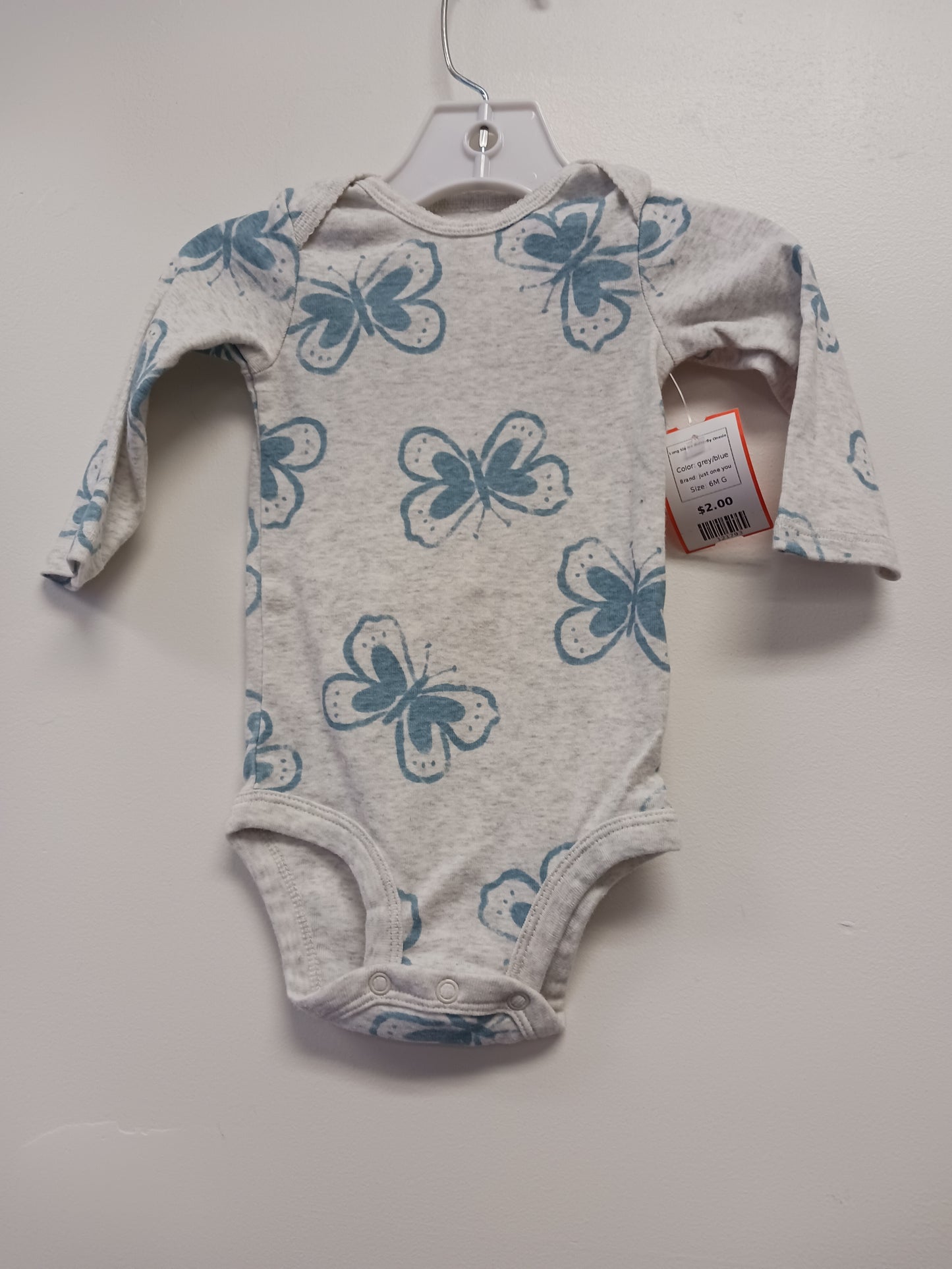 grey/blue just one you Long Sleeve Butterfly Onesie, 6M G
