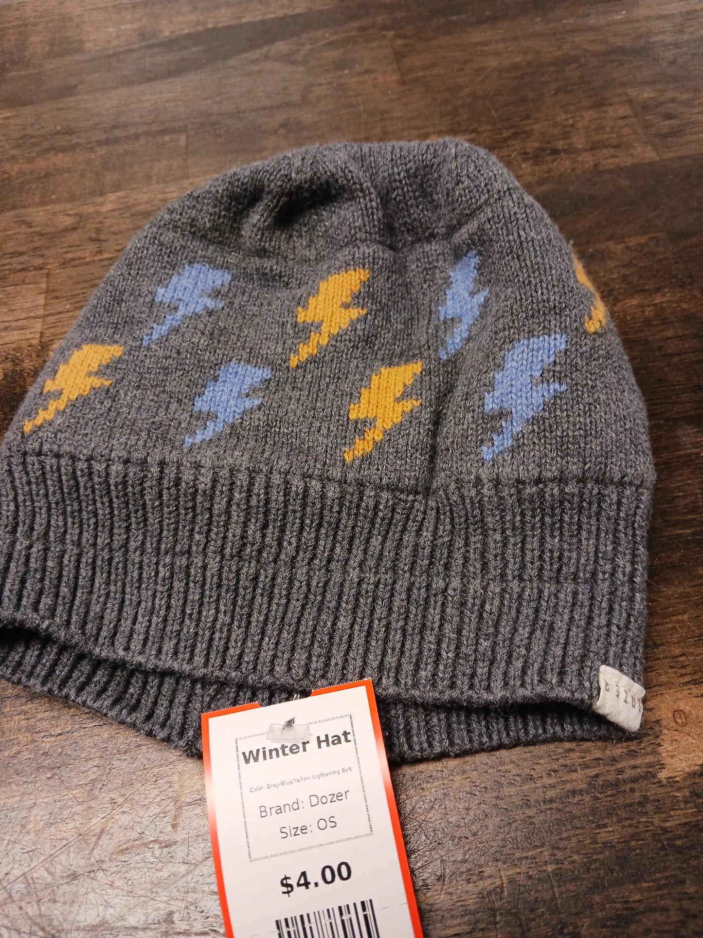 Grey/Blue/Yellow Lightening Bolt Dozer Winter Hat, OS