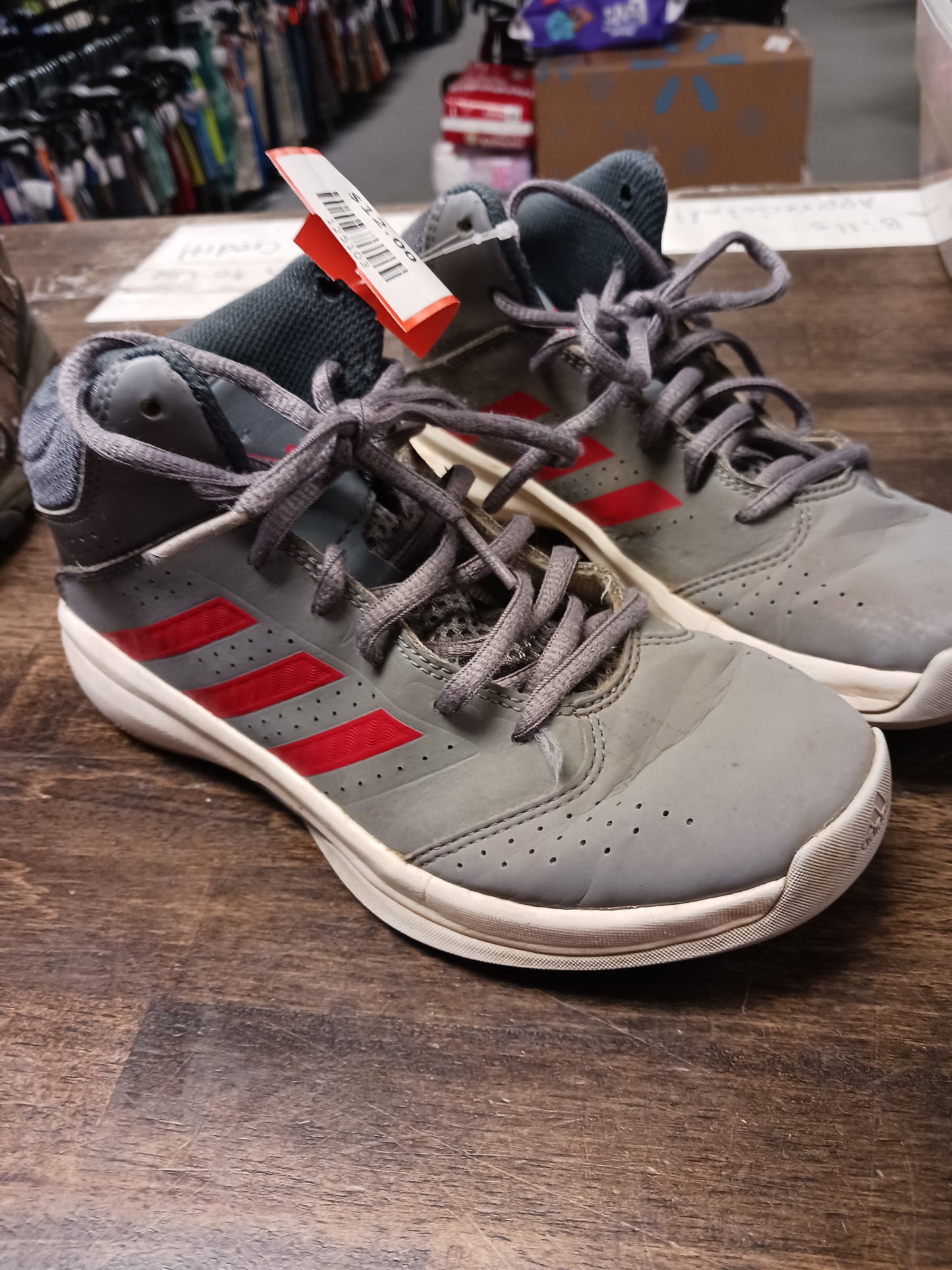 Grey/Red Adidas High Top Sneakers, 3 B