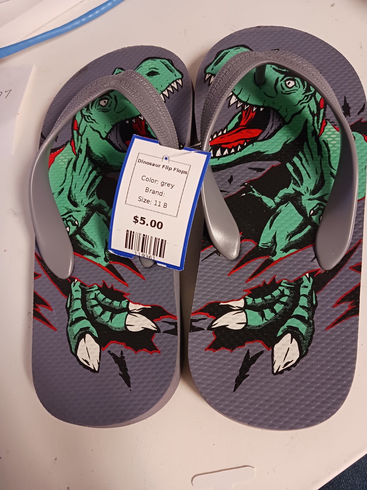 grey  Dinosaur Flip Flops, 11 B