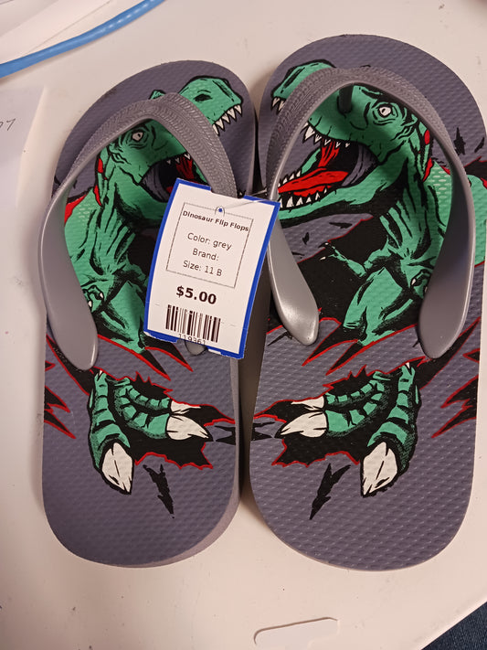 grey  Dinosaur Flip Flops, 11 B