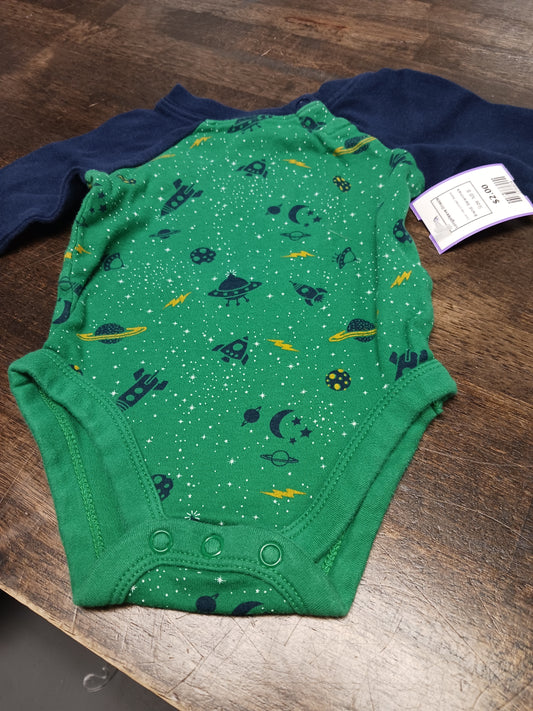 Navy/Green Space Garanimals Longsleeve Onesie, NB B