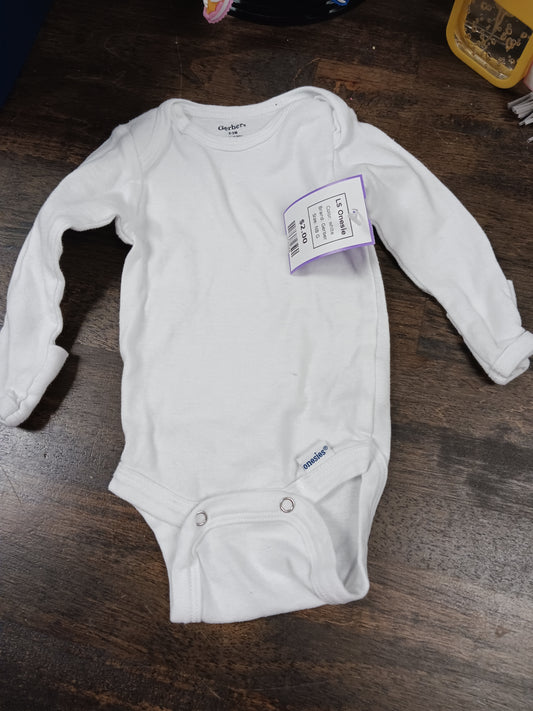 white Gerber LS Onesie, NB G