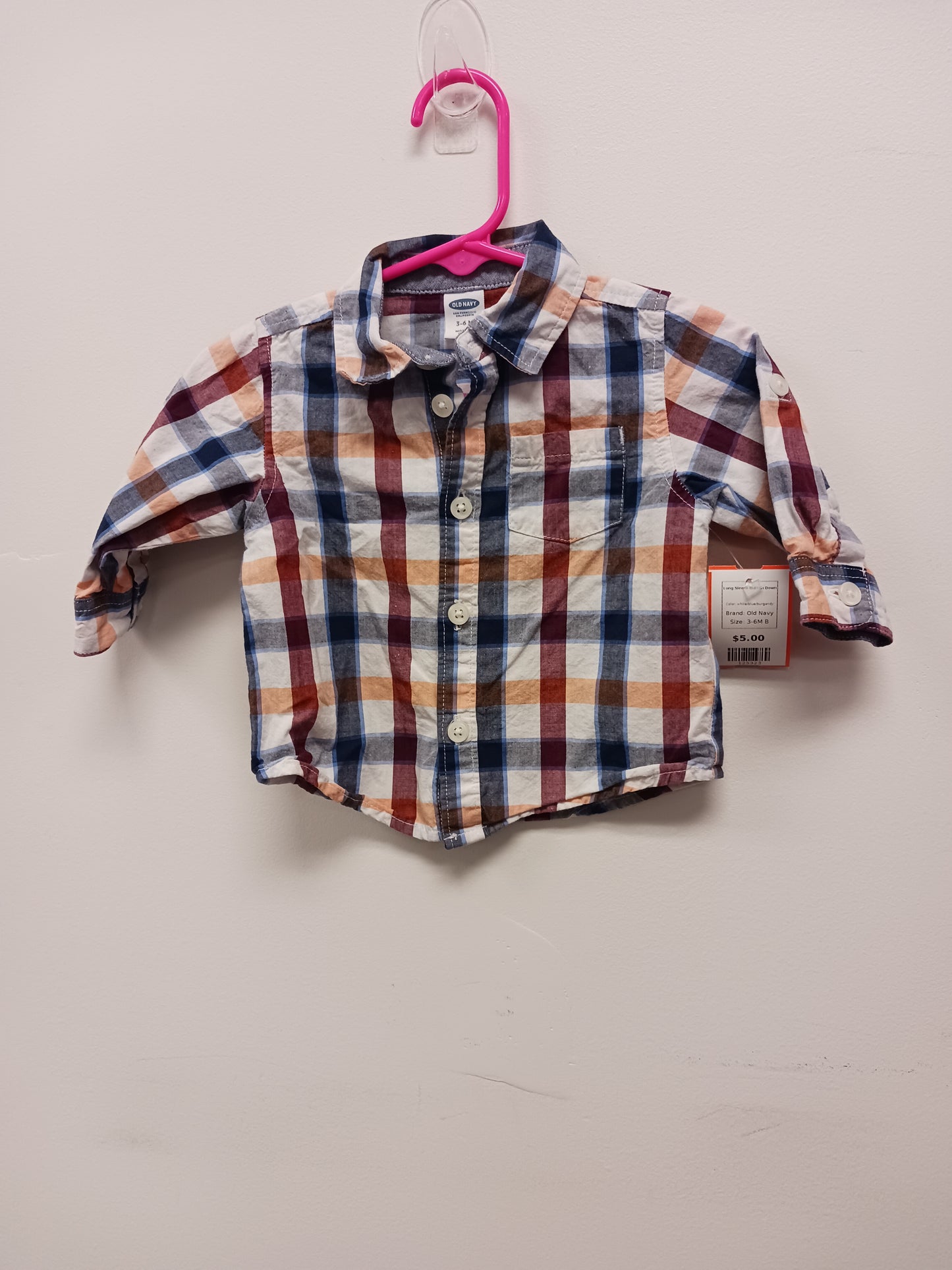 white/blue/burgandy Old Navy Long Sleeve Button Down, 3-6M B