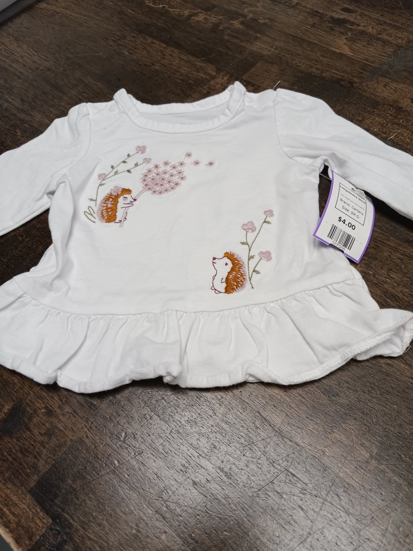 White/Purple Flower/Hedgehog Carters Longsleeve Shirt, 3M G