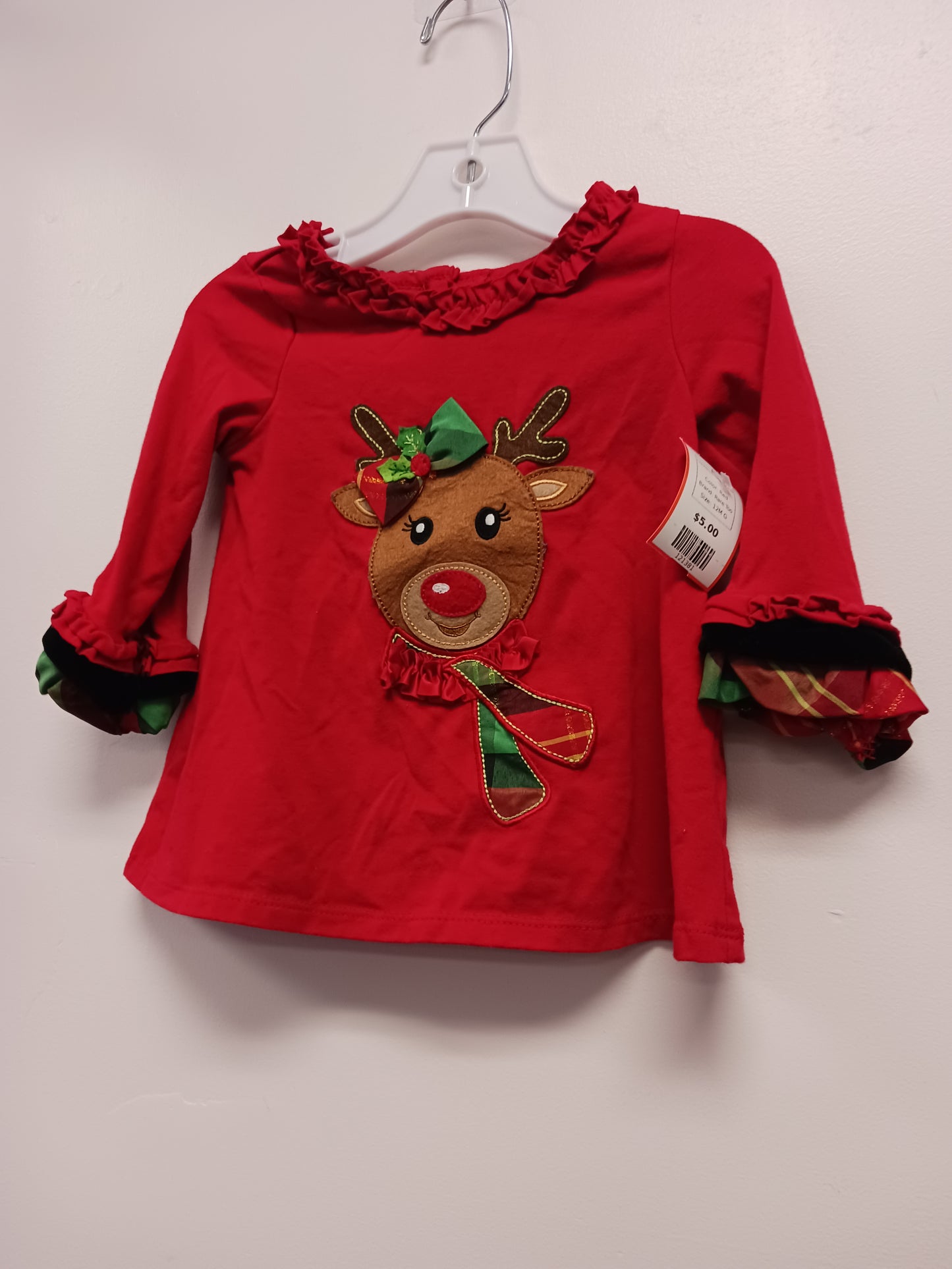 Red Rare Too Long Sleeve Christmas Deer Dress, 12M G