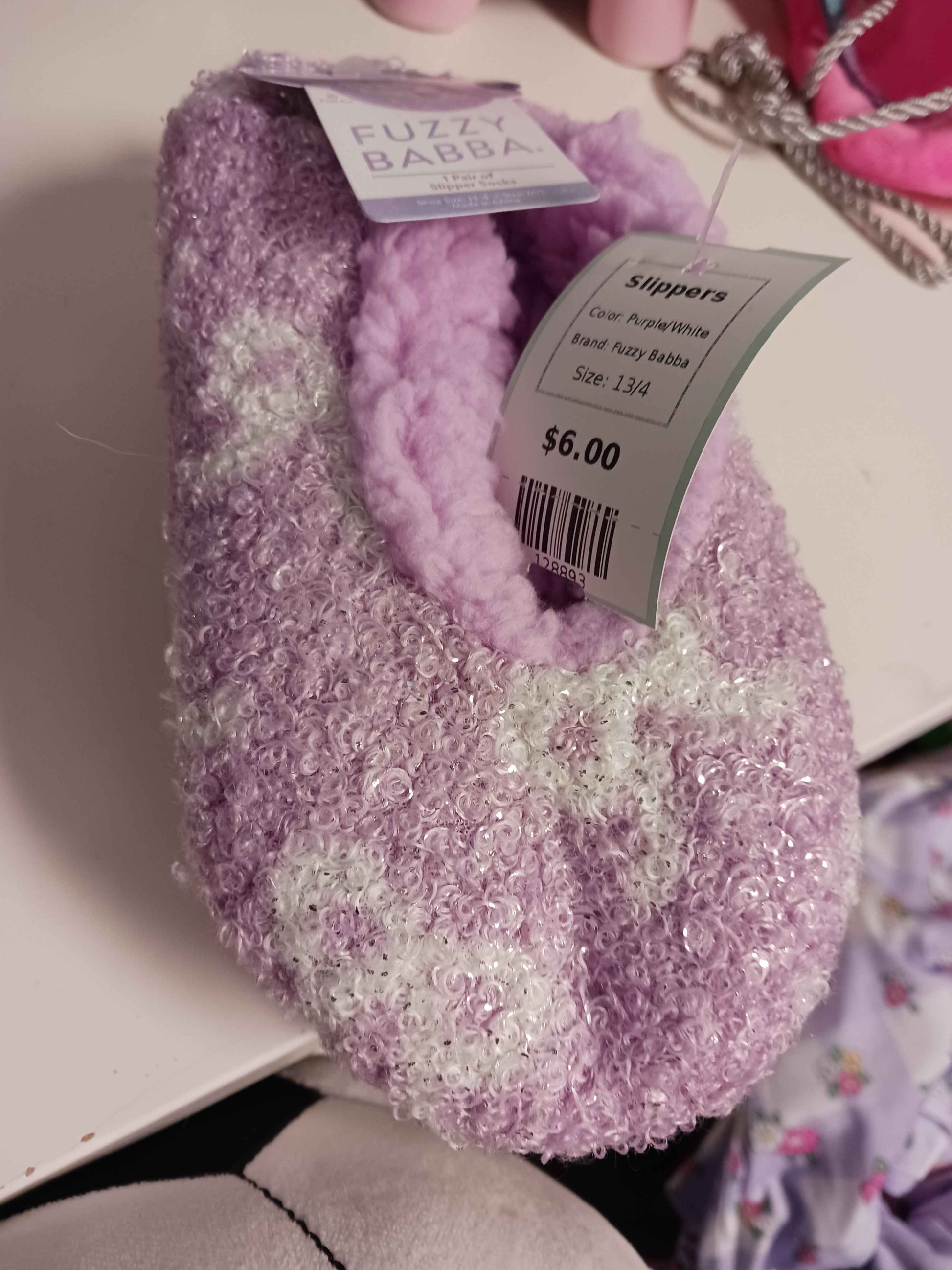 Purple/White Fuzzy Babba Slippers, 13/4