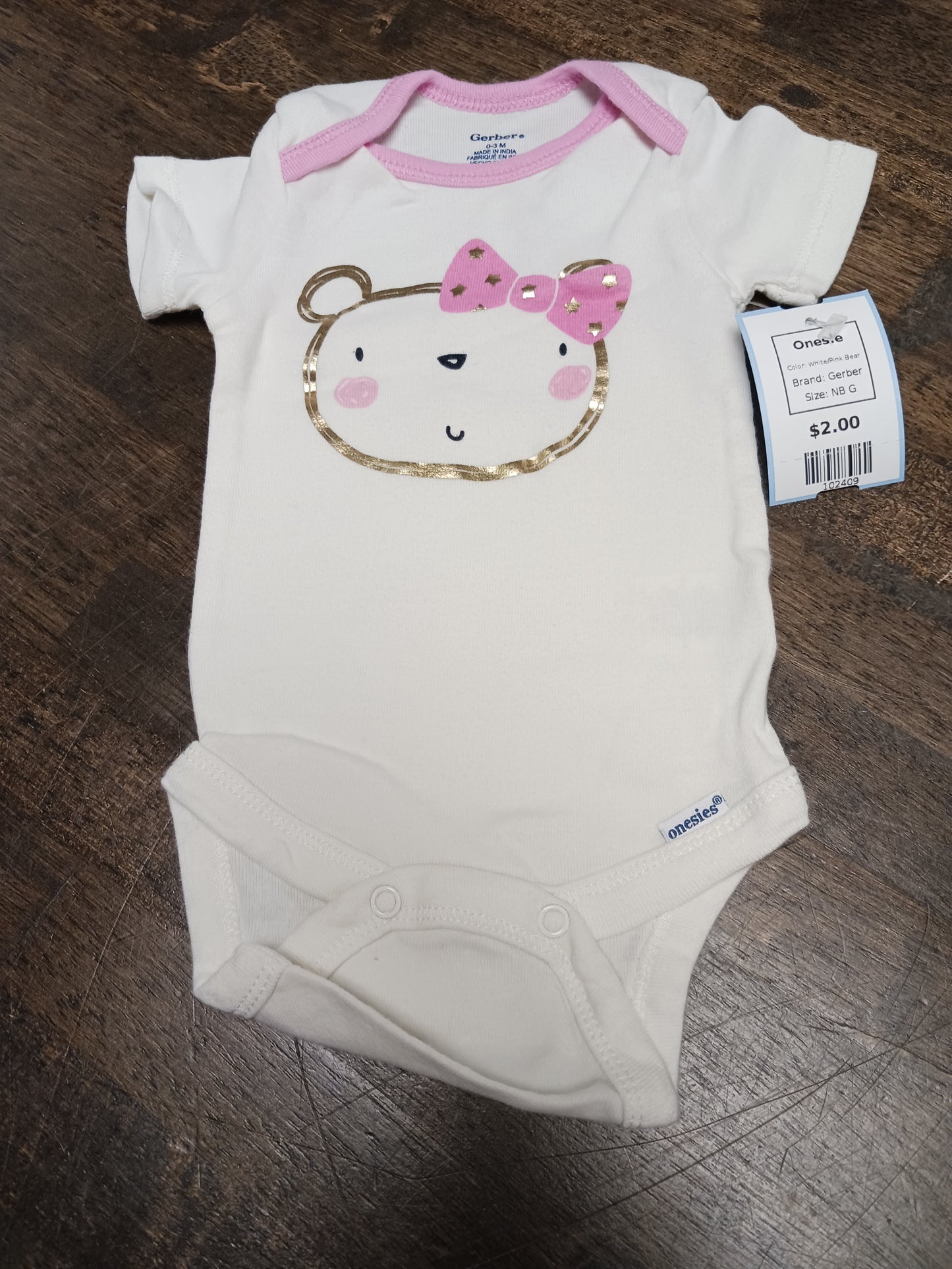 White/Pink Bear Gerber Onesie, NB G