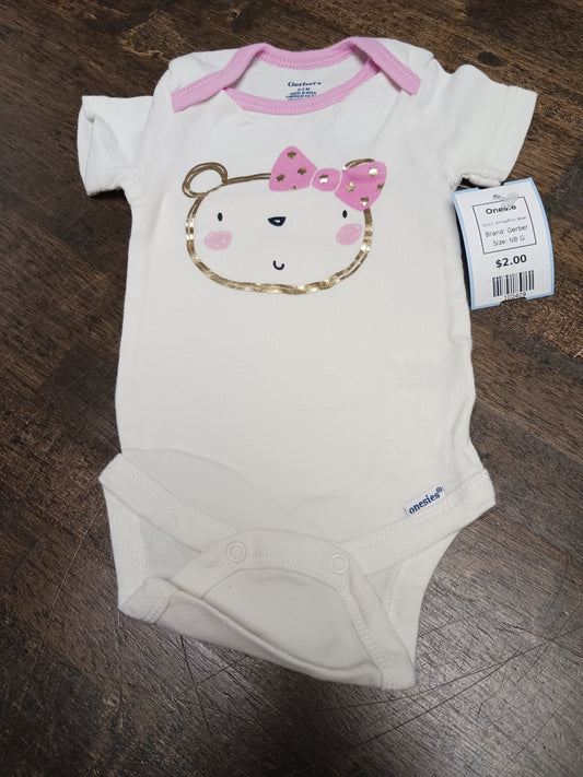 White/Pink Bear Gerber Onesie, NB G