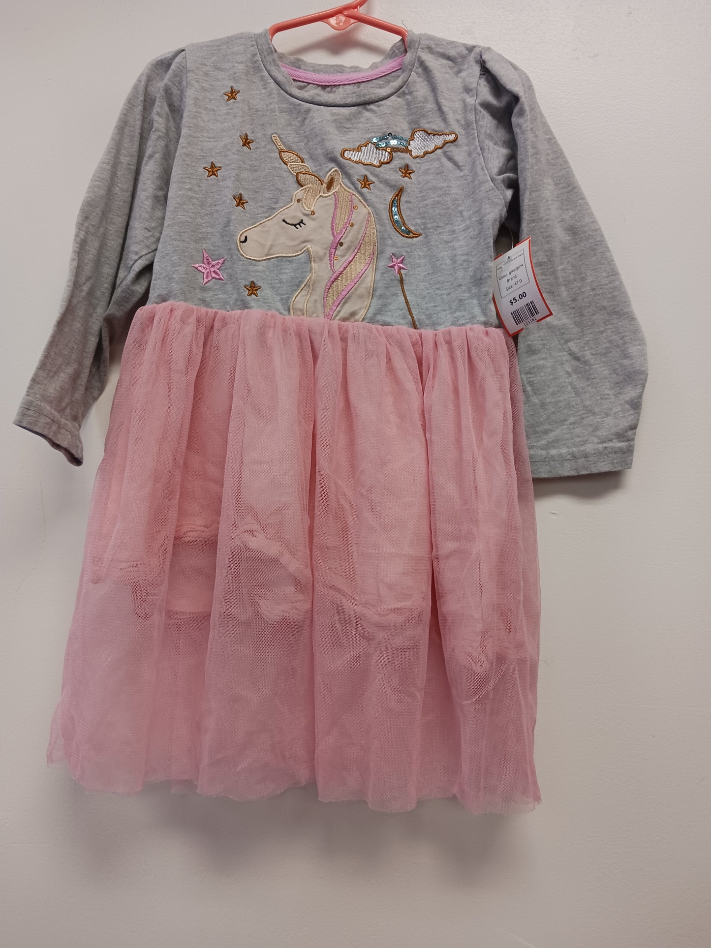 grey/pink  Long Sleeve Unicorn Dress, 4T G