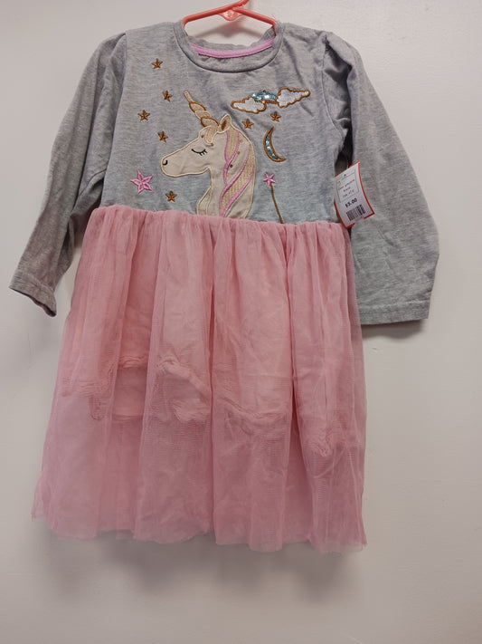 grey/pink  Long Sleeve Unicorn Dress, 4T G