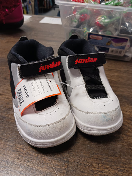 White/Black Jordans High Top Sneakers, 7 G