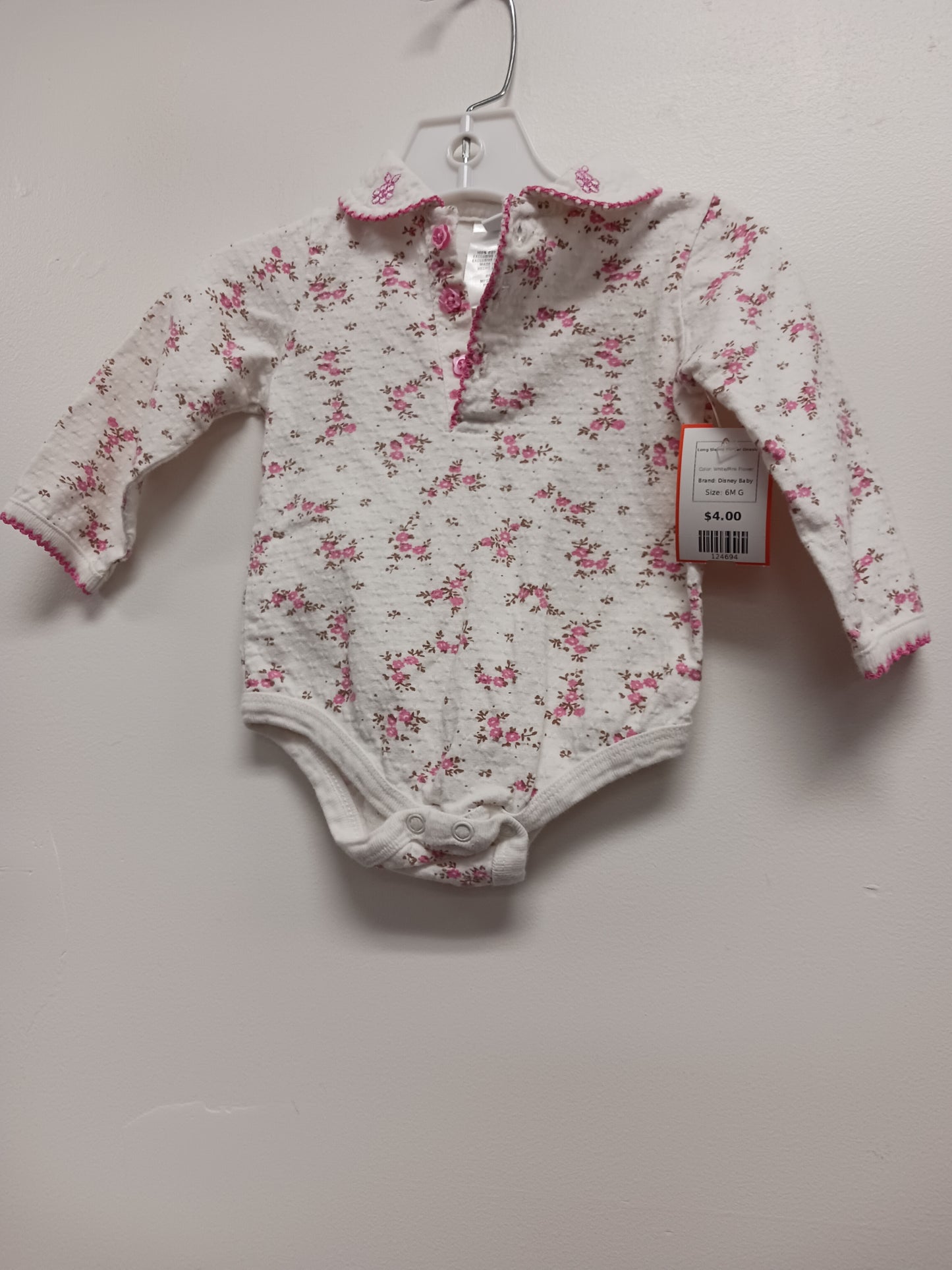 White/Pink Flower Disney Baby Long Sleeve Flower Onesie, 6M G