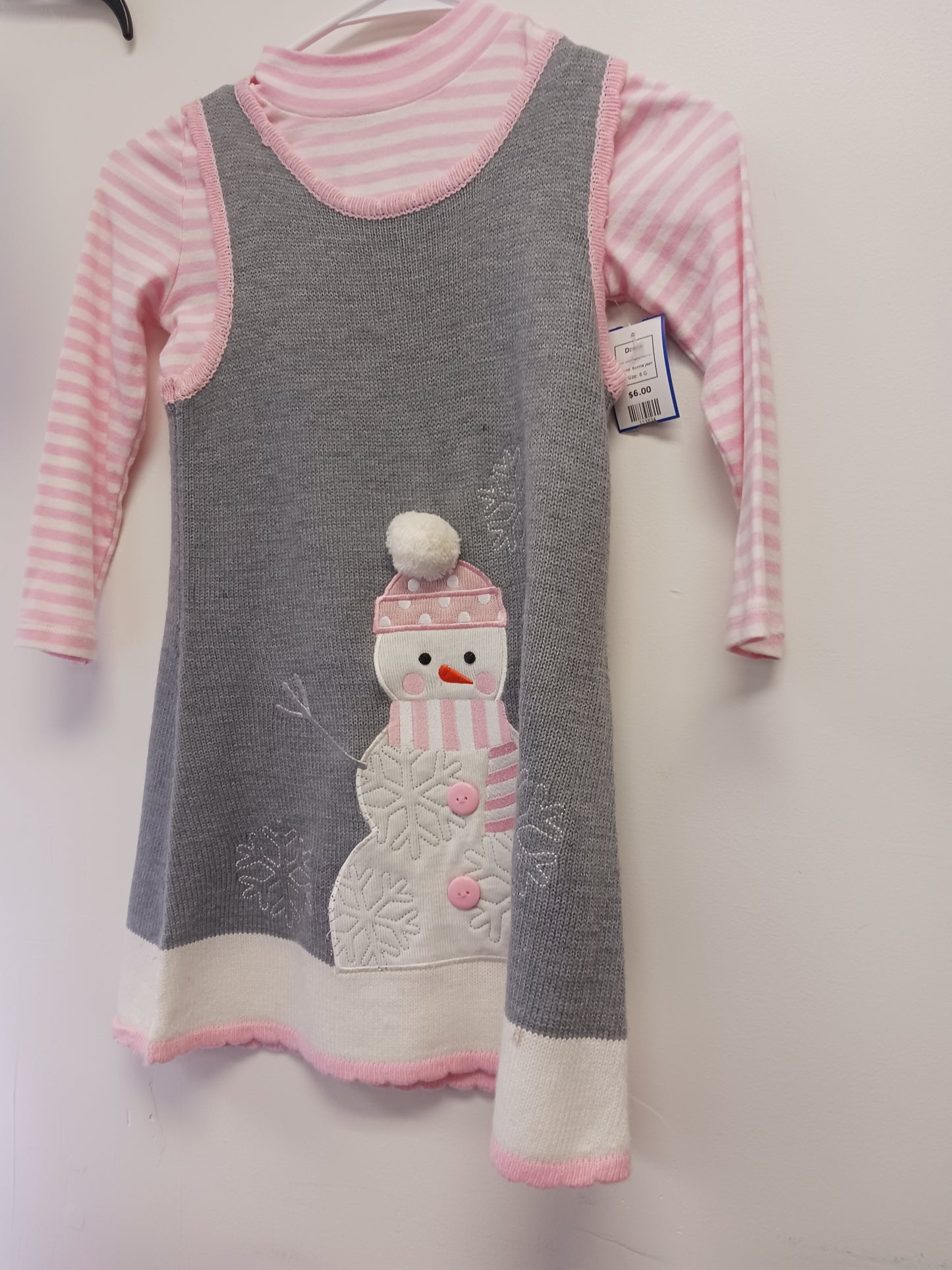 Grey/White/Pink Snowman Bonnie Jean Dress, 6 G