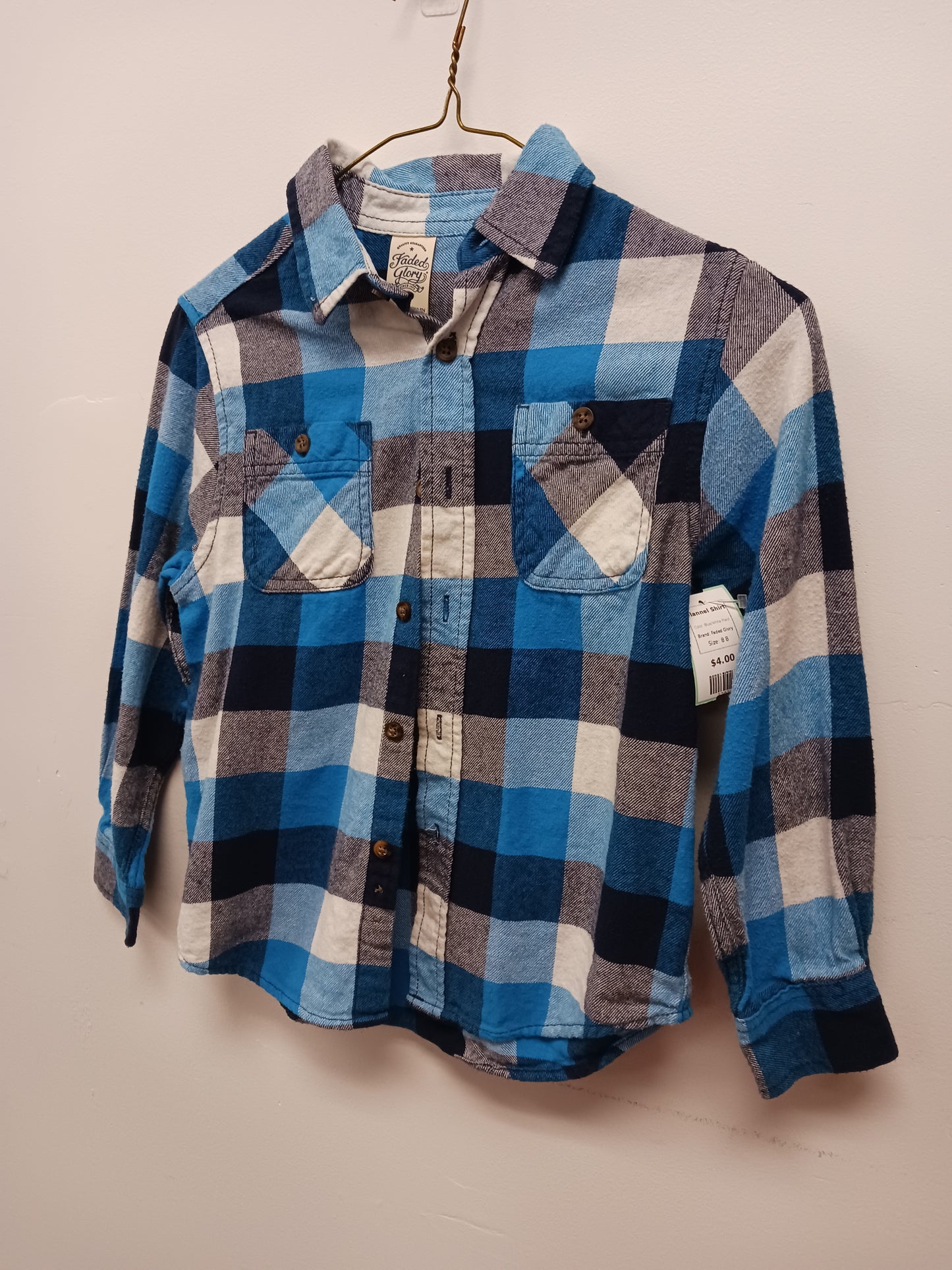 Blue/White Plaid Faded Glory Flannel Shirt, 8 B