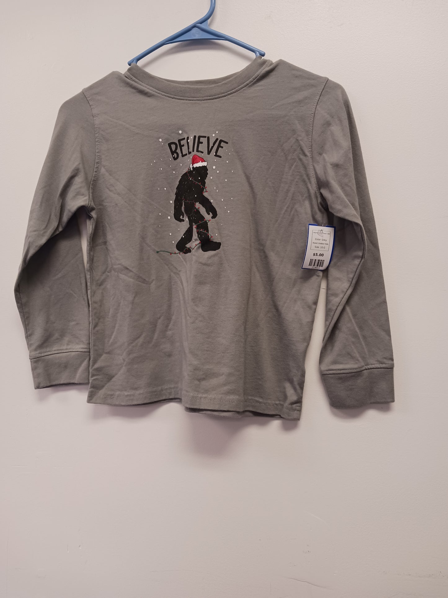 Grey Outdoor Kids Long Sleeve Christmas T shirt, 10 G