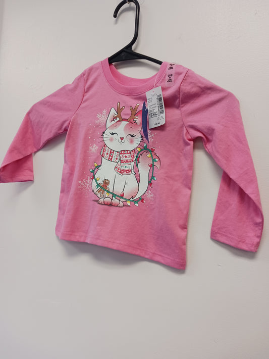 Pink Christmas Kitty Childrens Place Longsleeve Shirt, 12M G
