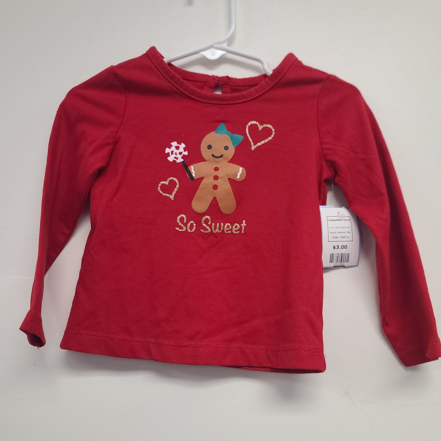 Red Gingerbread Wonder Kids Longsleeve Shirt, 18M G
