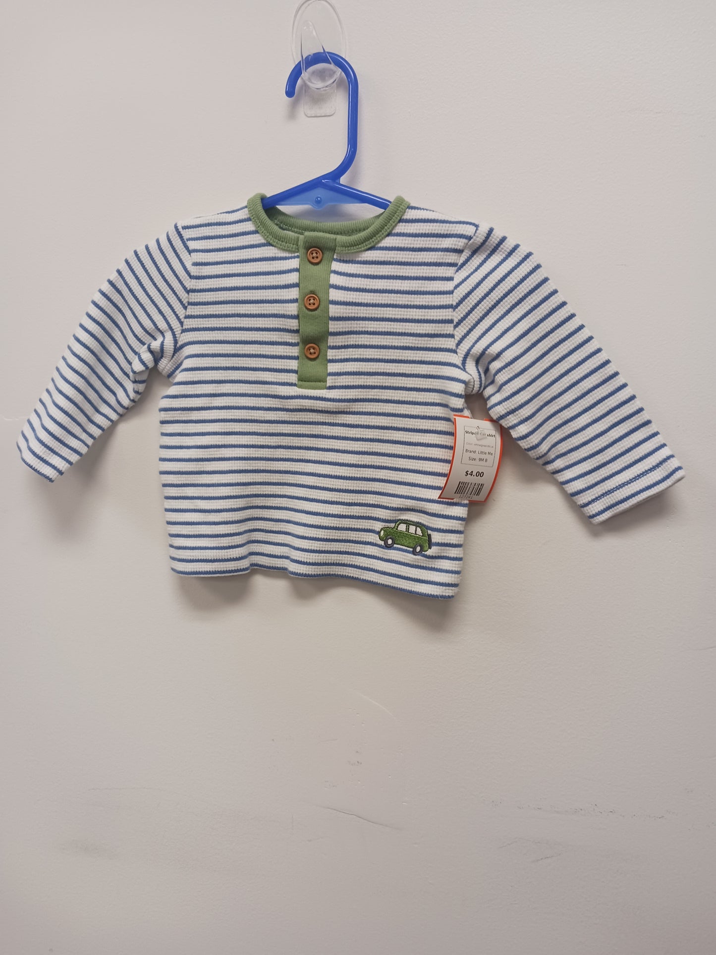 white/green/blue Little Me Striped Car shirt, 9M B