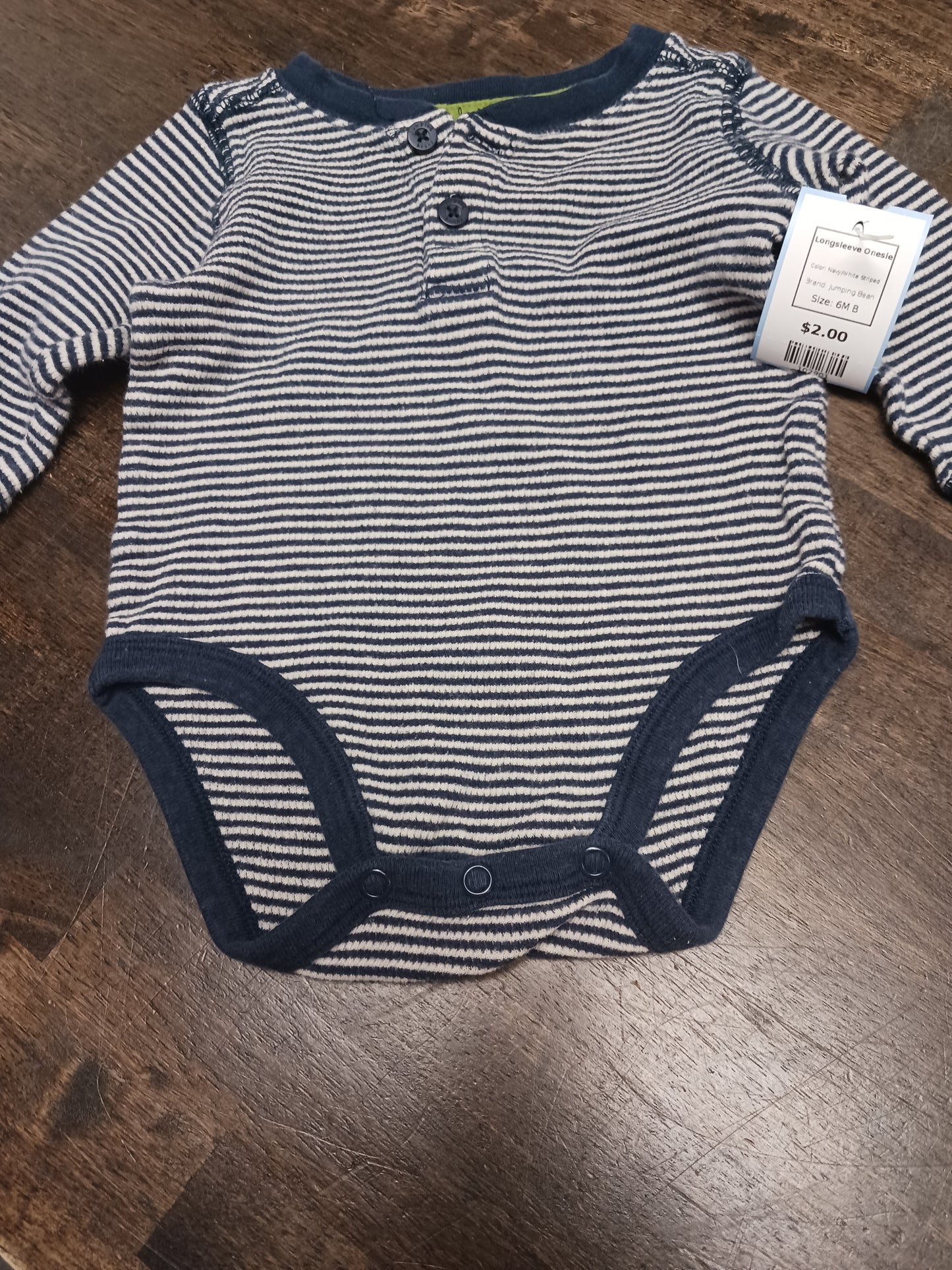 Navy/White Striped Jumping Bean Longsleeve Onesie, 6M B