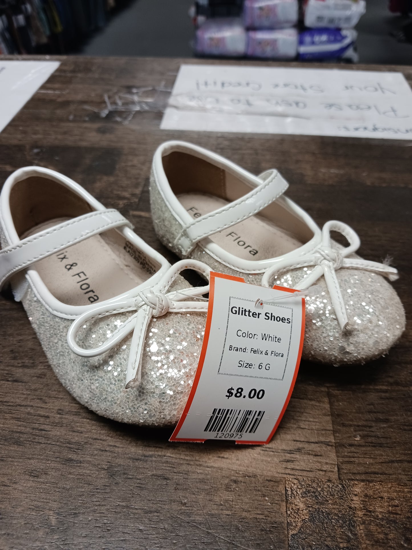 White Felix & Flora Glitter Shoes, 6 G