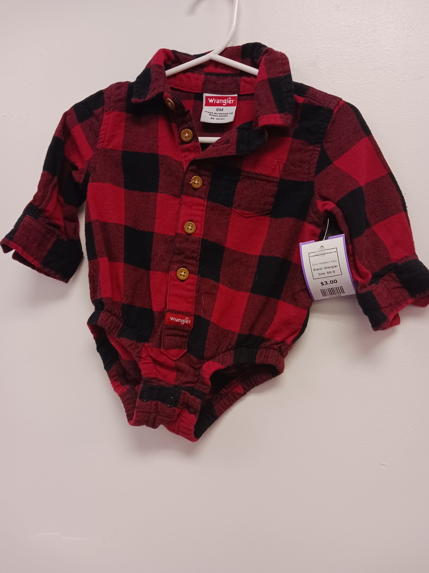 Red/Black Plaid Wrangler Longsleeve Onesie Button Up, 6M B