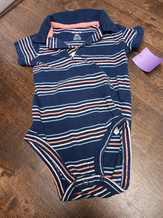 Navy/Pink Striped Carters Polo Onesie, 9M B